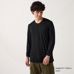 Uniqlo HEATTECH Crew Neck Men T-Shirt Black US | WRJK-12450