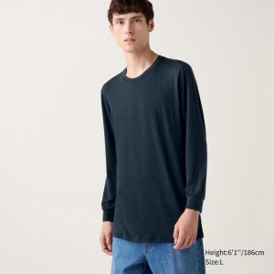 Uniqlo HEATTECH Crew Neck Men T-Shirt Navy US | WAIL-87956