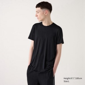 Uniqlo HEATTECH Crew Neck (Short Sleeve) Men T-Shirt Black US | IZHL-38062