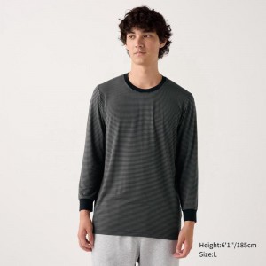 Uniqlo HEATTECH Crew Neck (Stripe) Men T-Shirt Black US | SEOX-96582