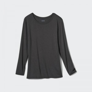 Uniqlo HEATTECH Crew Neck Women T-Shirts Dark Grey US | ODMV-96258