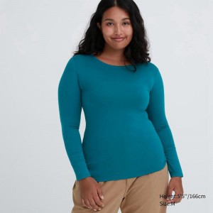 Uniqlo HEATTECH Crew Neck Women T-Shirts Green US | PTDA-54912