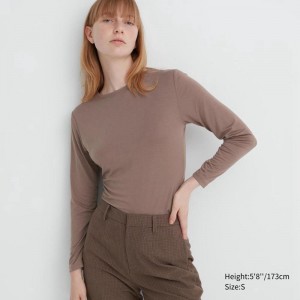 Uniqlo HEATTECH Crew Neck Women T-Shirts Brown US | LQXV-17952