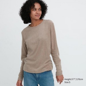 Uniqlo HEATTECH Fleece Crew Neck Women Long Sleeved Top Beige US | ETKB-97206