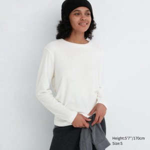 Uniqlo HEATTECH Fleece Crew Neck Women Long Sleeved Top Off White US | PRLB-08956