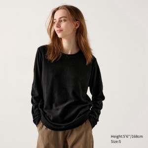 Uniqlo HEATTECH Fleece Crew Neck Women T-Shirts Black US | LUNJ-18095