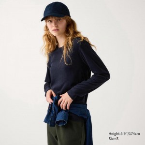 Uniqlo HEATTECH Fleece Crew Neck Women T-Shirts Navy US | YFCK-27419