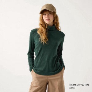 Uniqlo HEATTECH Fleece Women T-Shirts Dark Green US | SRGA-60729