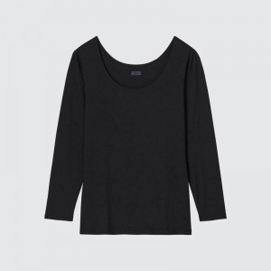 Uniqlo HEATTECH Scoop Neck Women T-Shirts Black US | ZKQX-59147