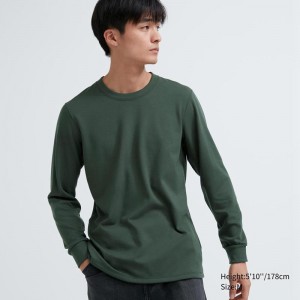 Uniqlo HEATTECH Ultra Warm Crew Neck Men T-Shirt Dark Green US | DFLQ-86213