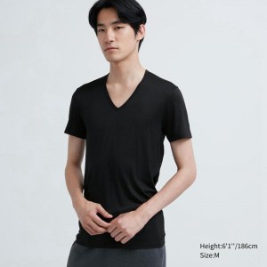 Uniqlo HEATTECH V Neck Men T-Shirt Black US | QMZE-38456