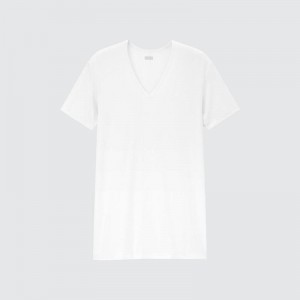 Uniqlo HEATTECH V Neck Men T-Shirt White US | THSI-82906