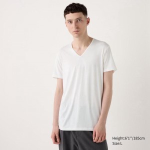 Uniqlo HEATTECH V Neck (Short Sleeve) Men T-Shirt White US | GSEW-58609