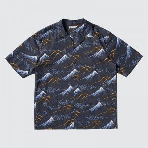 Uniqlo HOKUSAI BLUE Short Sleeved (Open Collar) Men Shirts Navy US | WJVM-67038