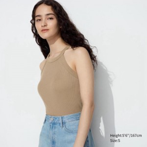 Uniqlo Halter Neck Ribbed Cropped Women Tank Tops Beige US | KDZJ-28459