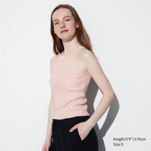 Uniqlo Halter Neck Ribbed Cropped Women Tank Tops Pink US | HBKW-02479