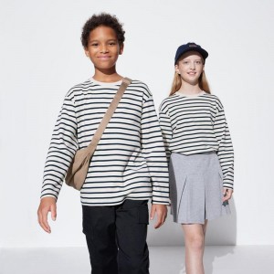 Uniqlo Kids Soft Brushed Cotton Striped Crew Neck Long Sleeved Kids' T-Shirt Off White US | BZAJ-48019