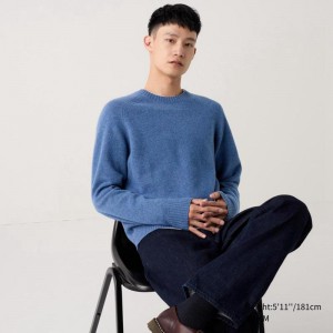 Uniqlo Lambswool Crew Neck Men Jumper Blue US | GOEV-39058