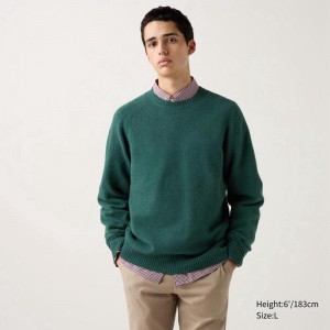 Uniqlo Lambswool Crew Neck Men Jumper Green US | JOWR-05789