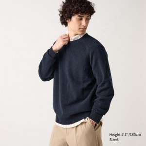 Uniqlo Lambswool Crew Neck Men Jumper Navy US | LJHN-53709