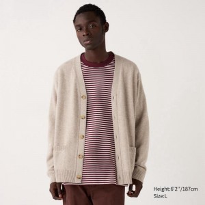 Uniqlo Lambswool V Neck Men Cardigan Beige US | YOGI-82965