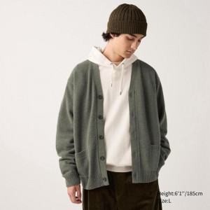 Uniqlo Lambswool V Neck Men Cardigan Olive US | QPAE-69412