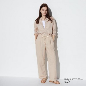 Uniqlo Linen Blend Easy Women Trousers Beige US | AJSR-52194