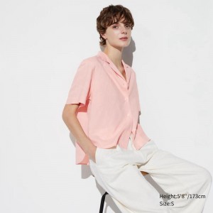 Uniqlo Linen Blend (Open Collar) Women Short Sleeve Shirts Pink US | MZEW-56201