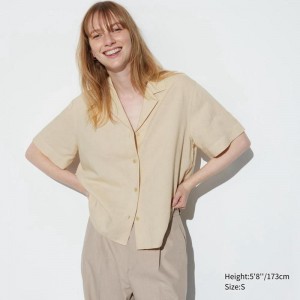 Uniqlo Linen Blend (Open Collar) Women Short Sleeve Shirts Beige US | SZBO-62470