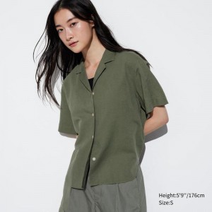 Uniqlo Linen Blend (Open Collar) Women Short Sleeve Shirts Olive US | FDGW-54389