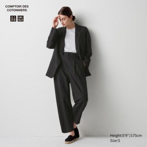 Uniqlo Linen Blend Pleated Tapered (Long) Women Trousers Black US | XTFE-47503