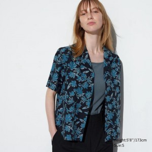 Uniqlo Linen Blend (Print, Open Collar) Women Short Sleeve Shirts Black US | WQZB-06128