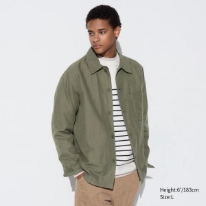 Uniqlo Linen Blend Relaxed Men Overshirts Olive US | FYJI-45128