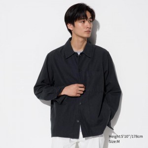 Uniqlo Linen Blend Relaxed Men Overshirts Black US | YHQD-68745