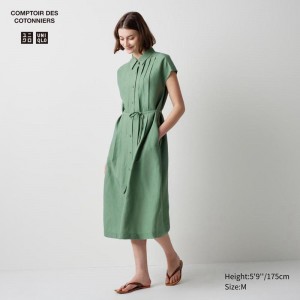 Uniqlo Linen Blend (Short Sleeve) Women Dress Green US | GABD-05283