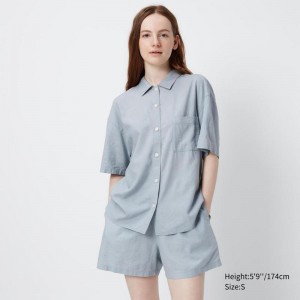 Uniqlo Linen Blend (Short Sleeve) Women Pyjamas Blue US | TPIY-83574