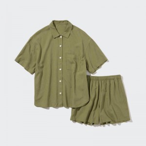 Uniqlo Linen Blend (Short Sleeve) Women Pyjamas Olive US | HLUI-15379