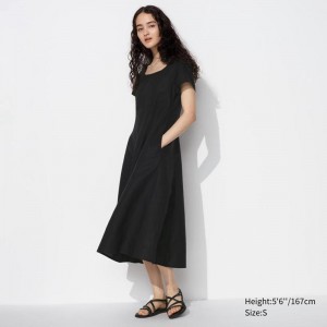 Uniqlo Linen Blend Square Neck (Short Sleeve) Women Dress Black US | ORAV-61579