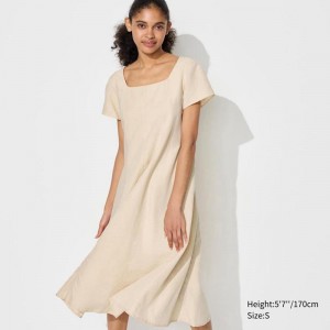 Uniqlo Linen Blend Square Neck (Short Sleeve) Women Dress Beige US | XCYK-41790