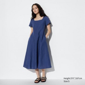 Uniqlo Linen Blend Square Neck (Short Sleeve) Women Dress Blue US | AHNV-83074