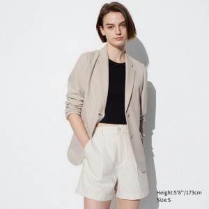 Uniqlo Linen Cotton Blend (Stripe) Women Shorts Natural US | QGVW-01935