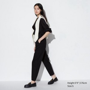 Uniqlo Linen Cotton Blend Tapered (Long) Women Trousers Black US | OUSM-34618