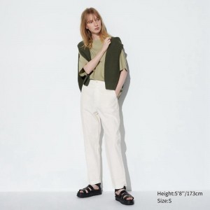 Uniqlo Linen Cotton Blend Tapered (Long) Women Trousers Off White US | JZDW-12059