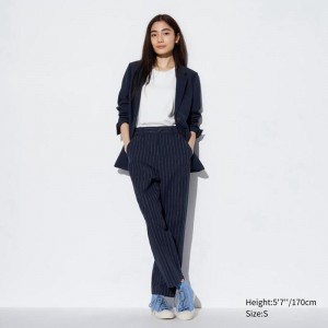 Uniqlo Linen Cotton Blend Tapered (Stripe) Women Trousers Navy US | NTUQ-73410