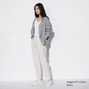 Uniqlo Linen Cotton Blend Tapered (Stripe, Long) Women Trousers Off White US | EILQ-02395