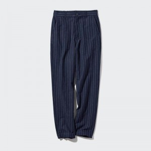 Uniqlo Linen Cotton Blend Tapered (Stripe, Long) Women Trousers Navy US | EROF-53817