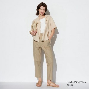 Uniqlo Linen Cotton Blend Tapered Women Trousers Beige US | LJZX-24867