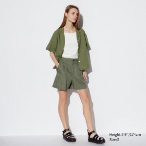 Uniqlo Linen Cotton Blend Women Shorts Olive US | ZLEM-07862