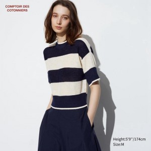 Uniqlo Linen Crew Neck (Half Sleeve) Women Jumper Navy US | CKWJ-37860