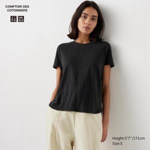 Uniqlo Linen Crew Neck Women T-Shirts Black US | YUMJ-82150